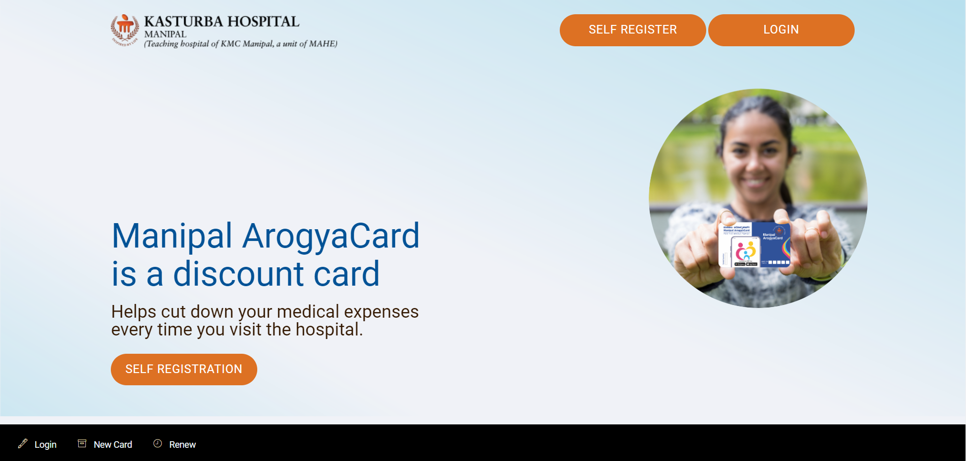 Frontend of manipal healthcard website. There is a option to register for the same 